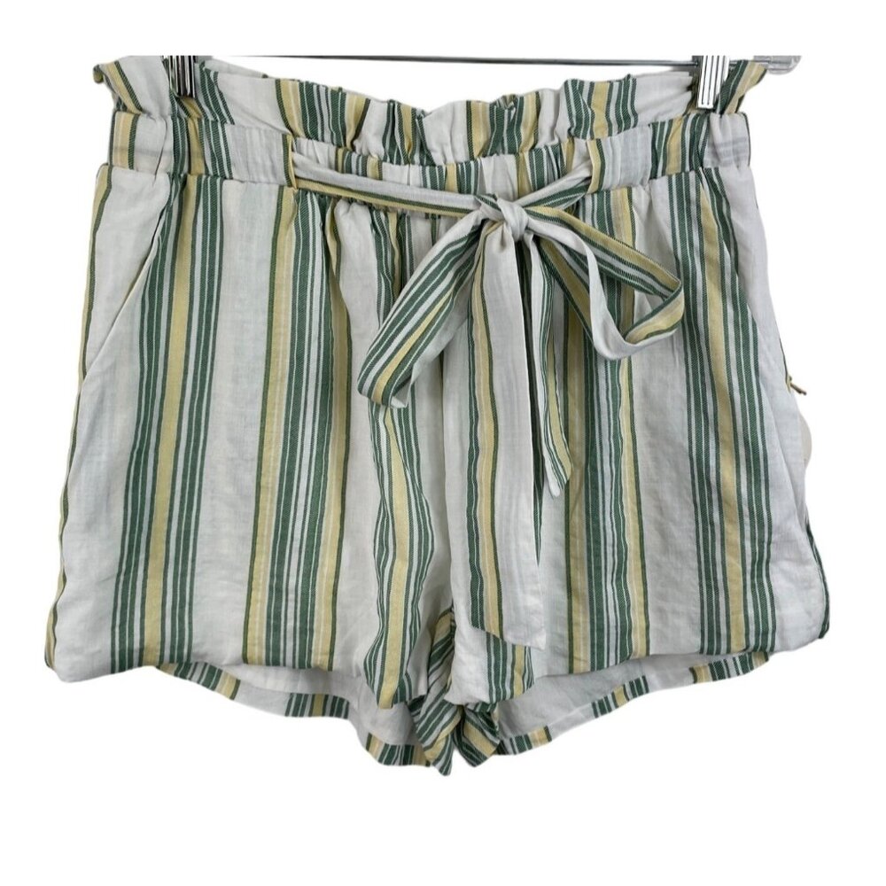 Hummingbird Paper Bag Shorts Lined Tie Waist Green Yellow Striped Womens Size L
